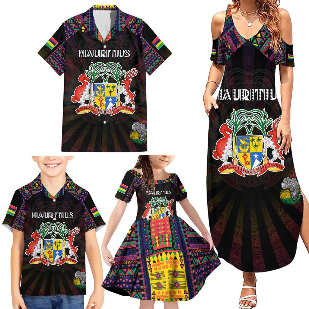 Personalized Mauritius Roots Family Matching Summer Maxi Dress and Hawaiian Shirt African Map in Fingerprint and Tribal Colors