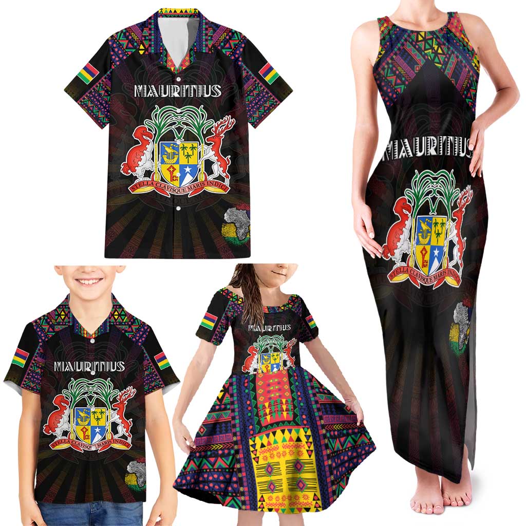 Personalized Mauritius Roots Family Matching Tank Maxi Dress and Hawaiian Shirt African Map in Fingerprint and Tribal Colors