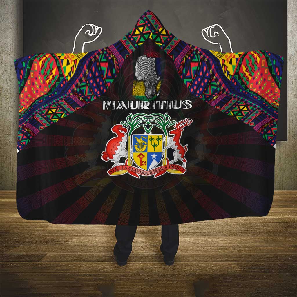 Mauritius Roots Hooded Blanket African Map in Fingerprint and Tribal Colors