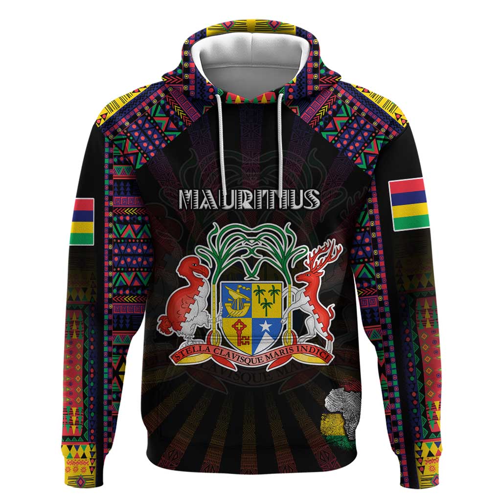 Personalized Mauritius Roots Hoodie African Map in Fingerprint and Tribal Colors