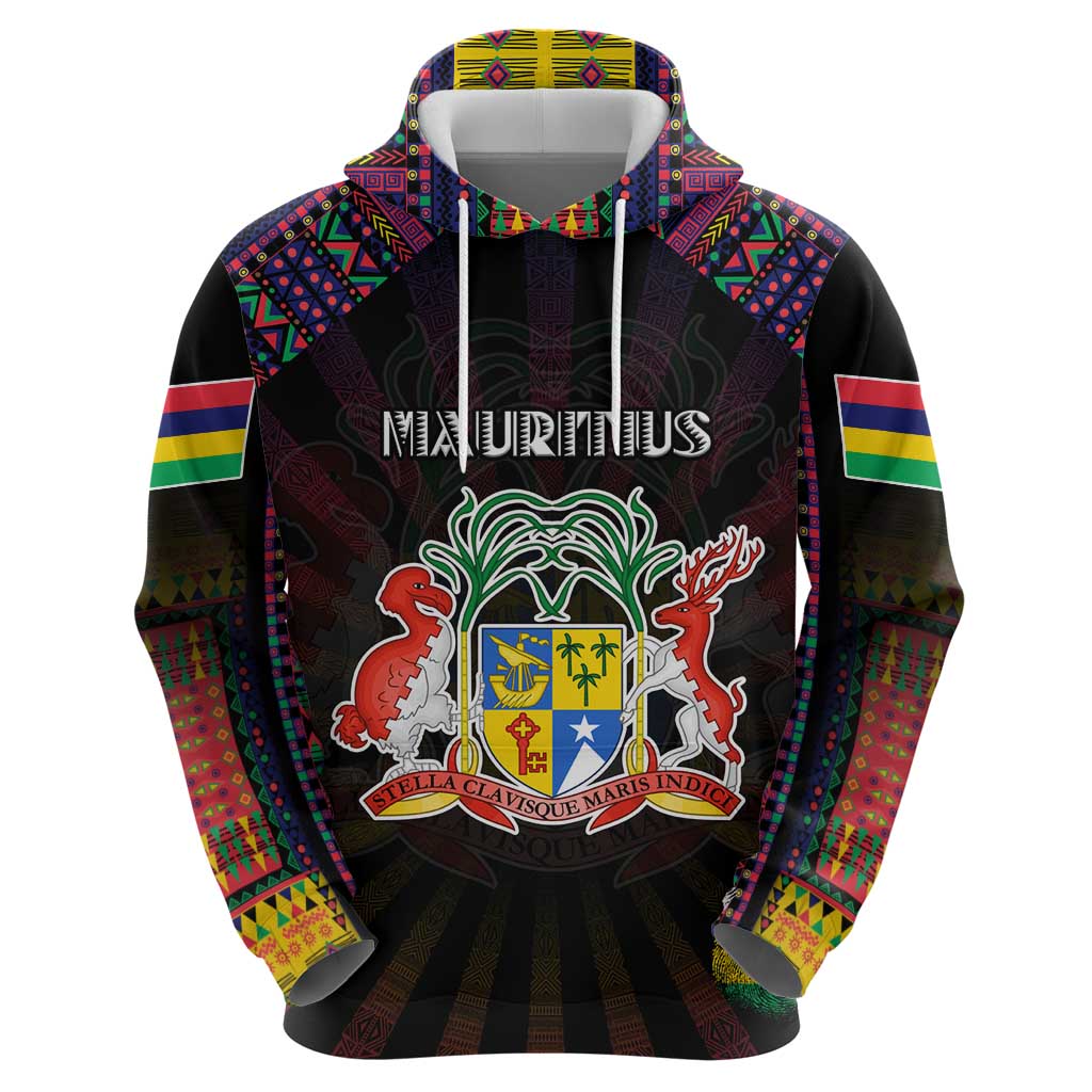 Personalized Mauritius Roots Hoodie African Map in Fingerprint and Tribal Colors