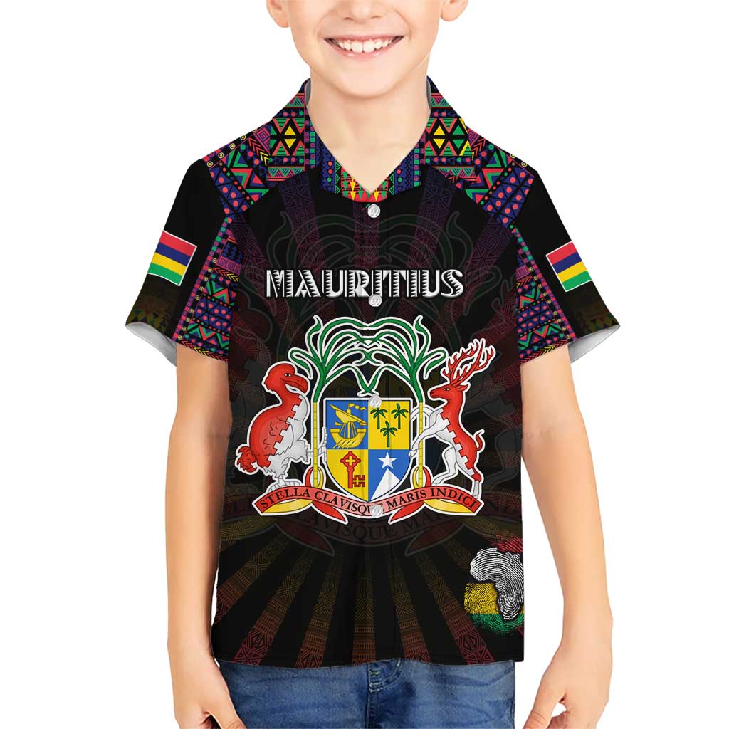 Personalized Mauritius Roots Kid Hawaiian Shirt African Map in Fingerprint and Tribal Colors