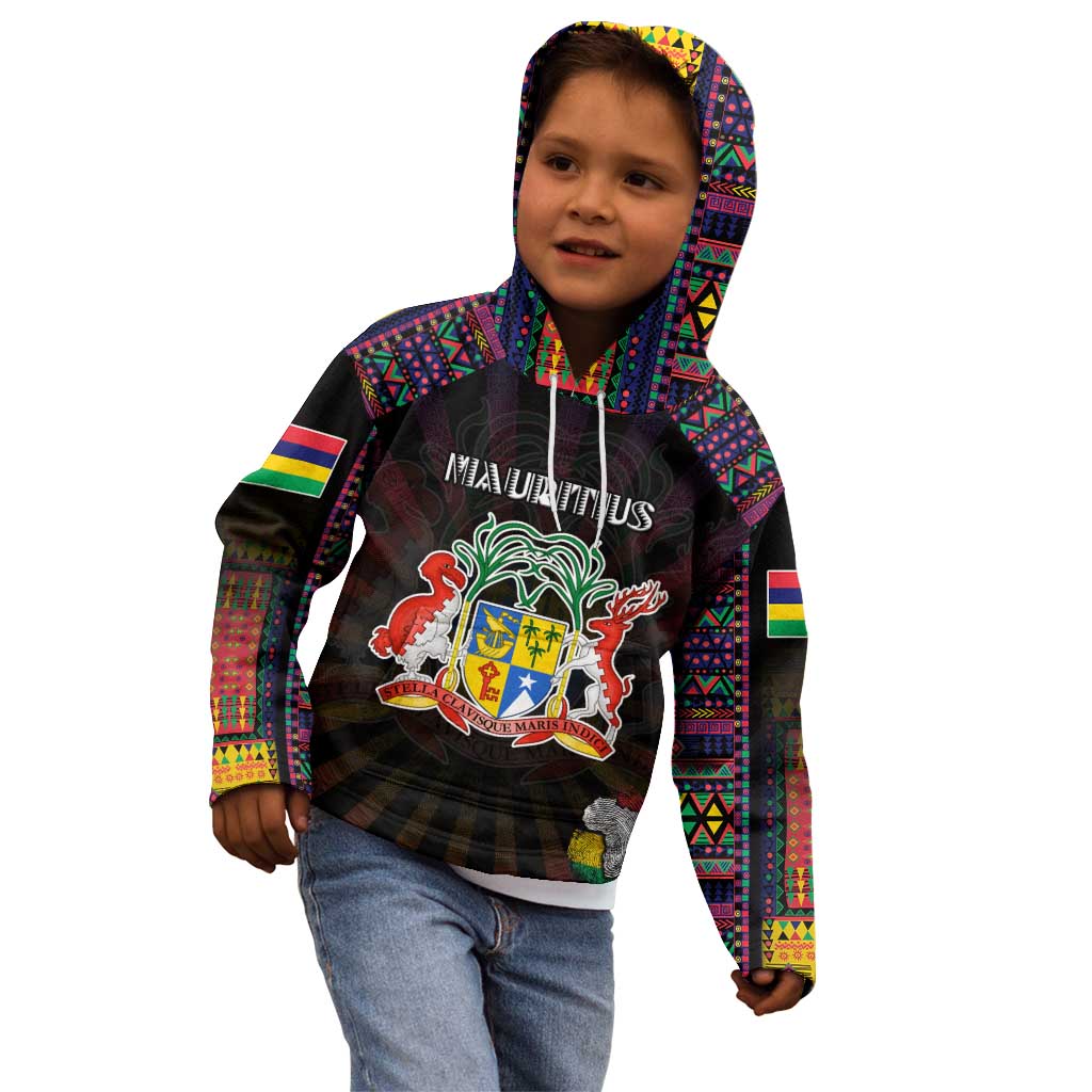 Personalized Mauritius Roots Kid Hoodie African Map in Fingerprint and Tribal Colors