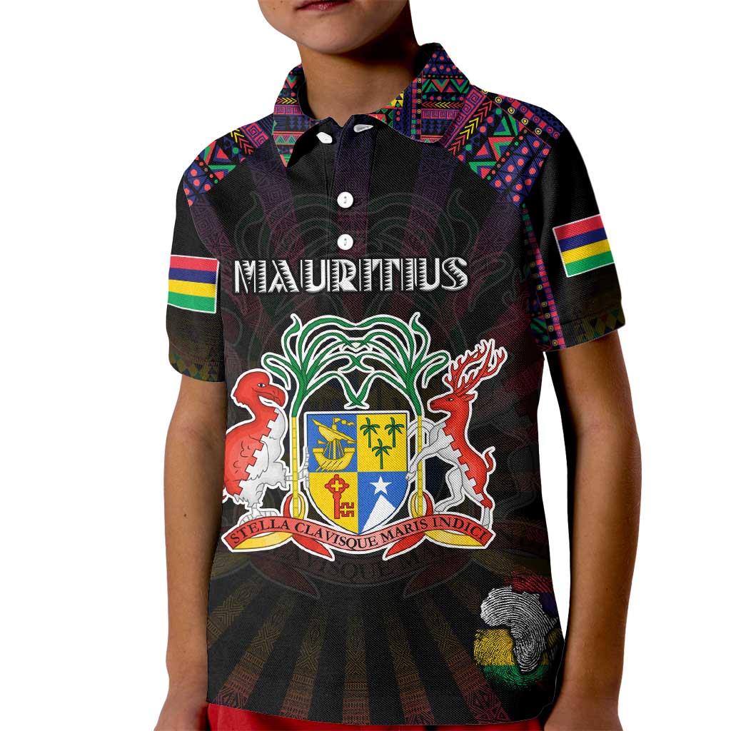 Personalized Mauritius Roots Kid Polo Shirt African Map in Fingerprint and Tribal Colors