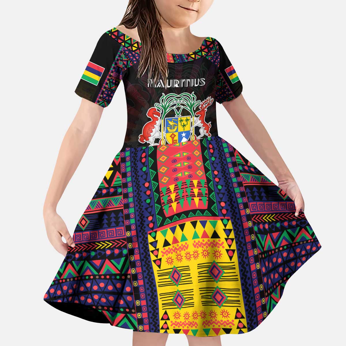 Personalized Mauritius Roots Kid Short Sleeve Dress African Map in Fingerprint and Tribal Colors