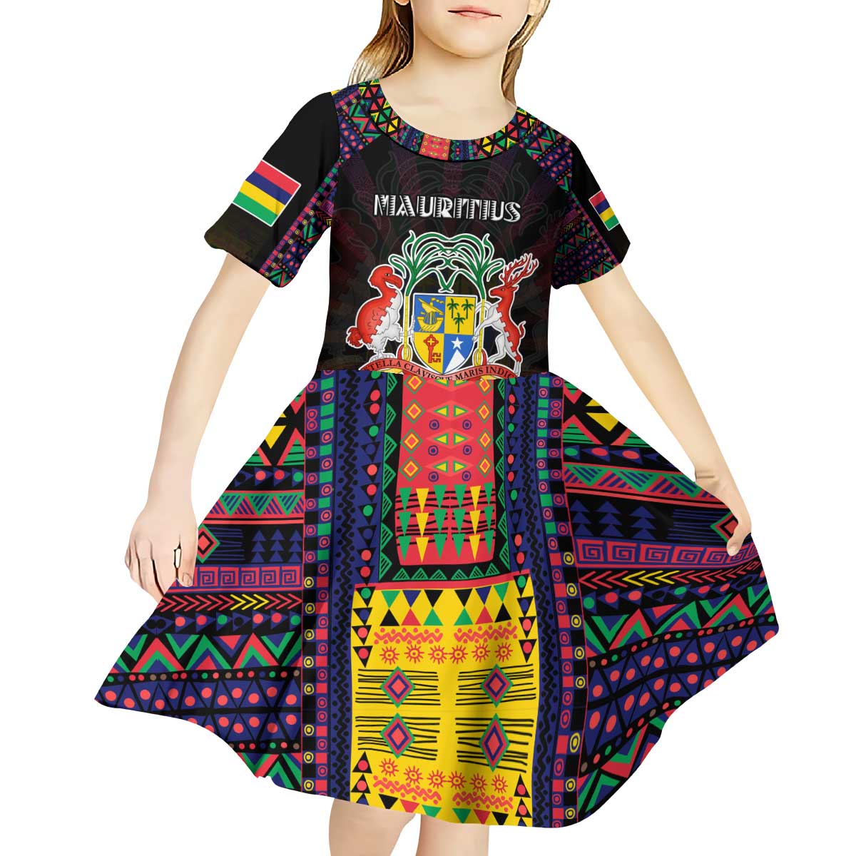 Personalized Mauritius Roots Kid Short Sleeve Dress African Map in Fingerprint and Tribal Colors