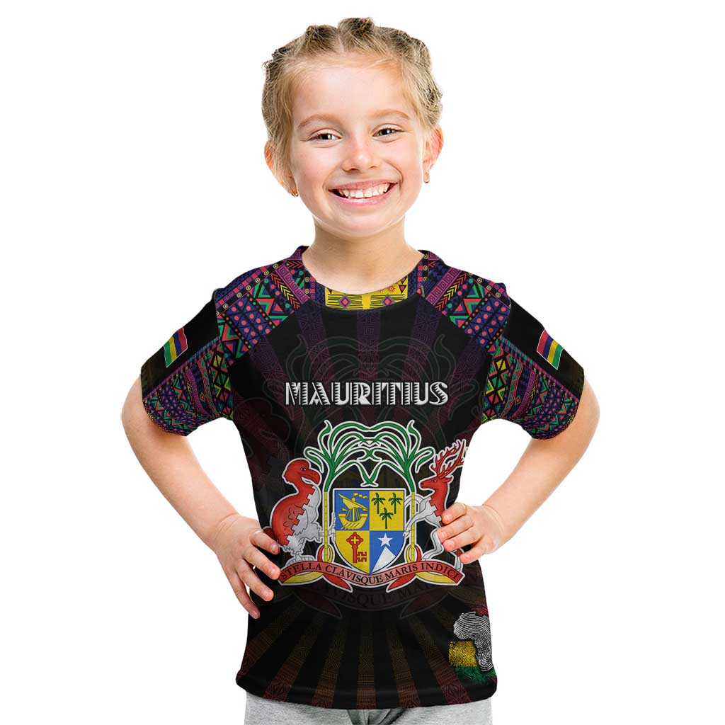 Personalized Mauritius Roots Kid T Shirt African Map in Fingerprint and Tribal Colors