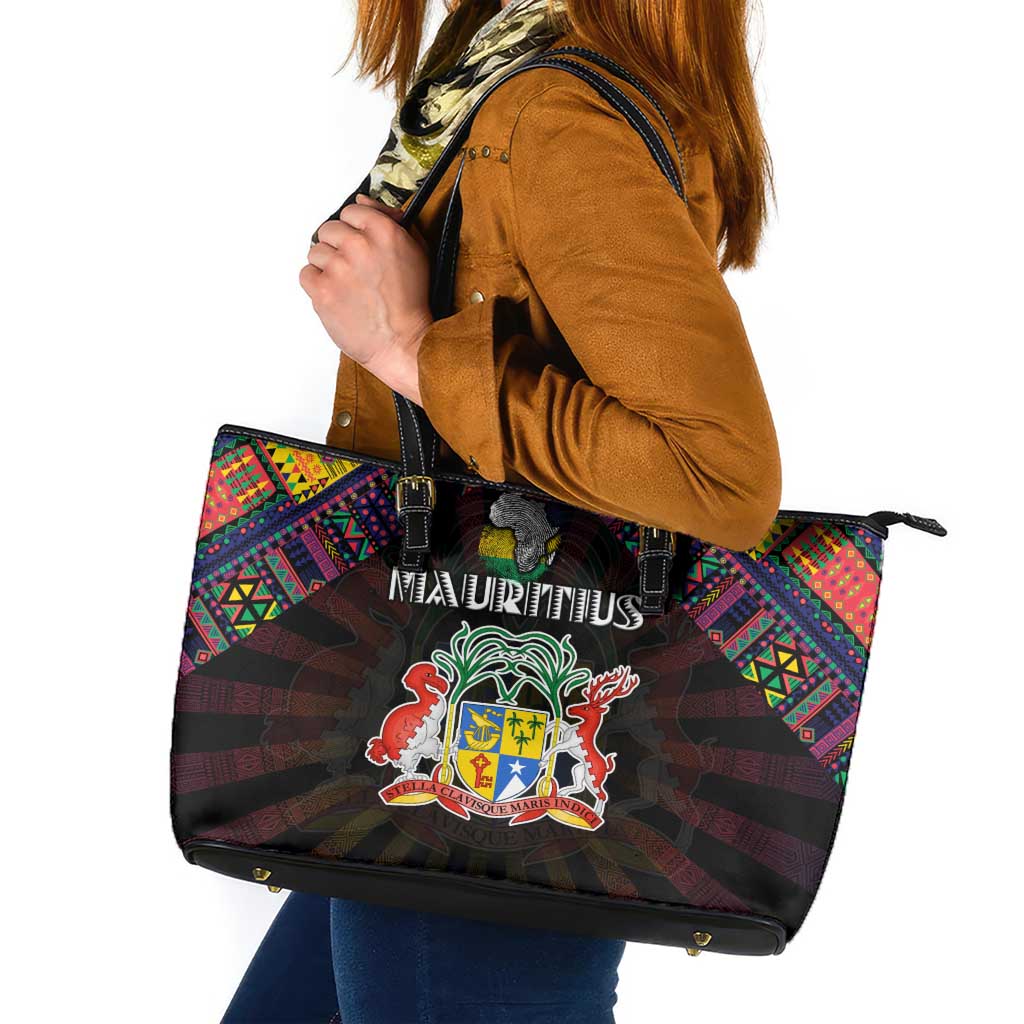 Mauritius Roots Leather Tote Bag African Map in Fingerprint and Tribal Colors