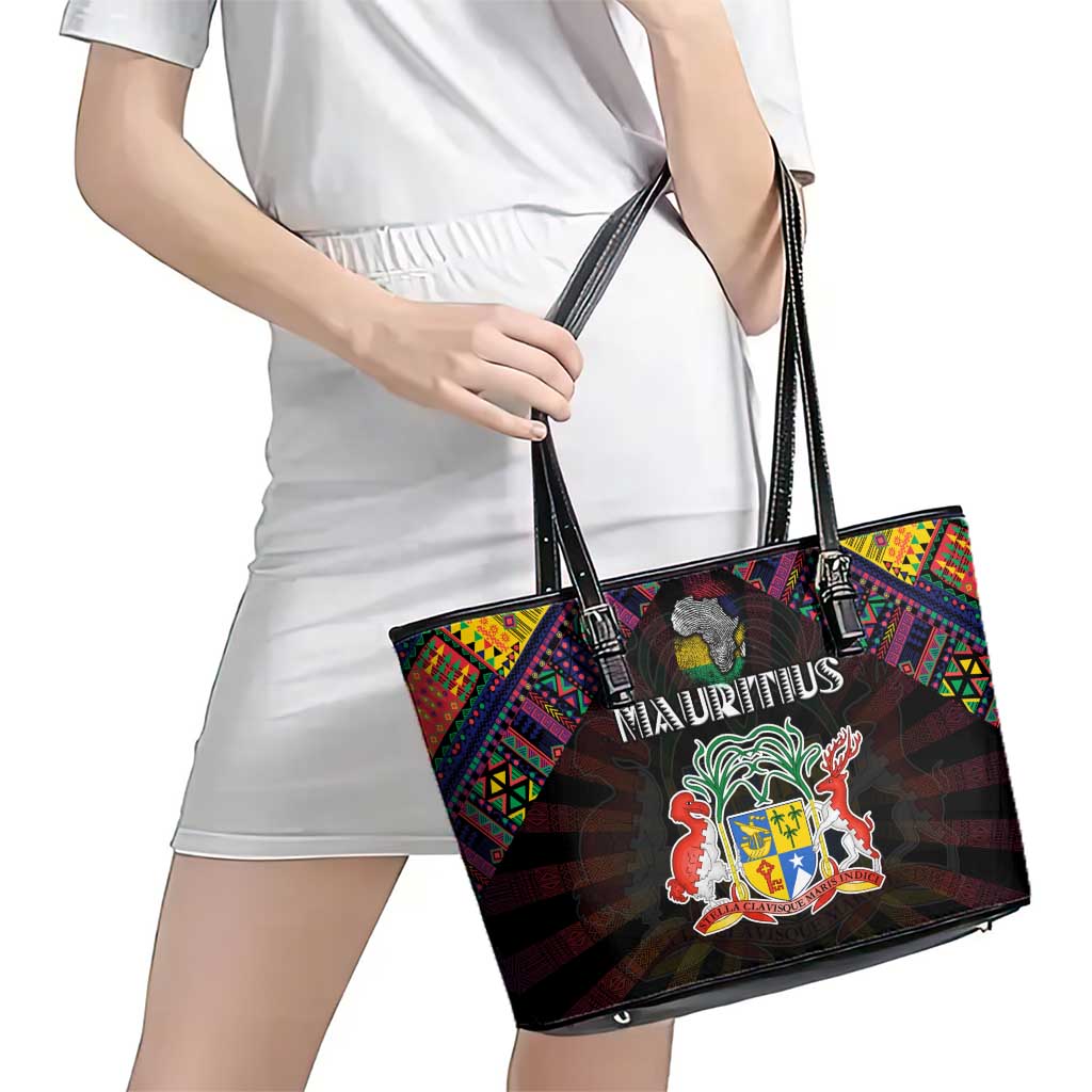 Mauritius Roots Leather Tote Bag African Map in Fingerprint and Tribal Colors