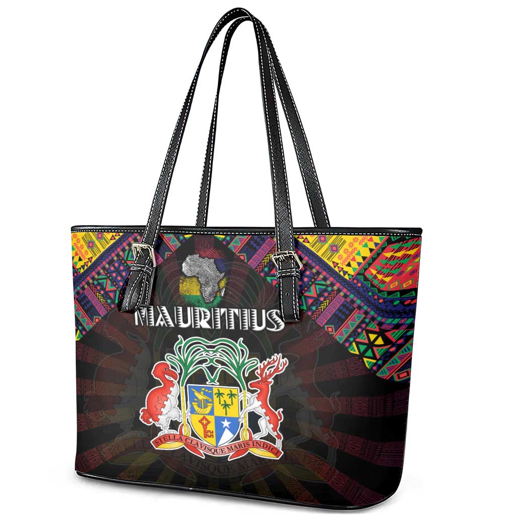 Mauritius Roots Leather Tote Bag African Map in Fingerprint and Tribal Colors
