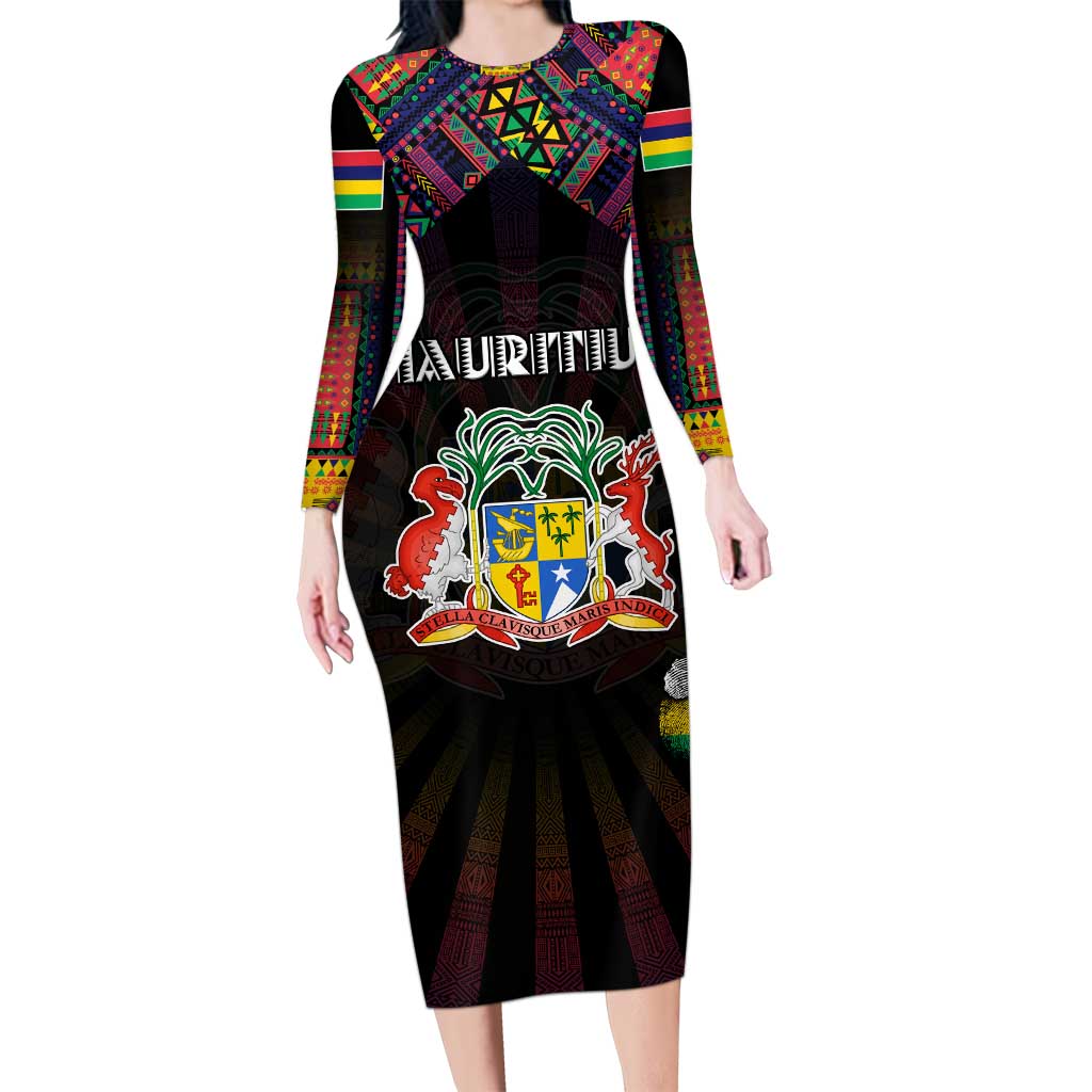 Personalized Mauritius Roots Long Sleeve Bodycon Dress African Map in Fingerprint and Tribal Colors