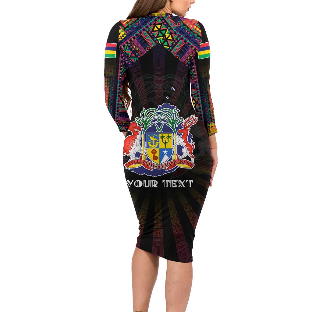 Personalized Mauritius Roots Long Sleeve Bodycon Dress African Map in Fingerprint and Tribal Colors