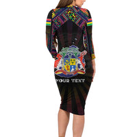 Personalized Mauritius Roots Long Sleeve Bodycon Dress African Map in Fingerprint and Tribal Colors