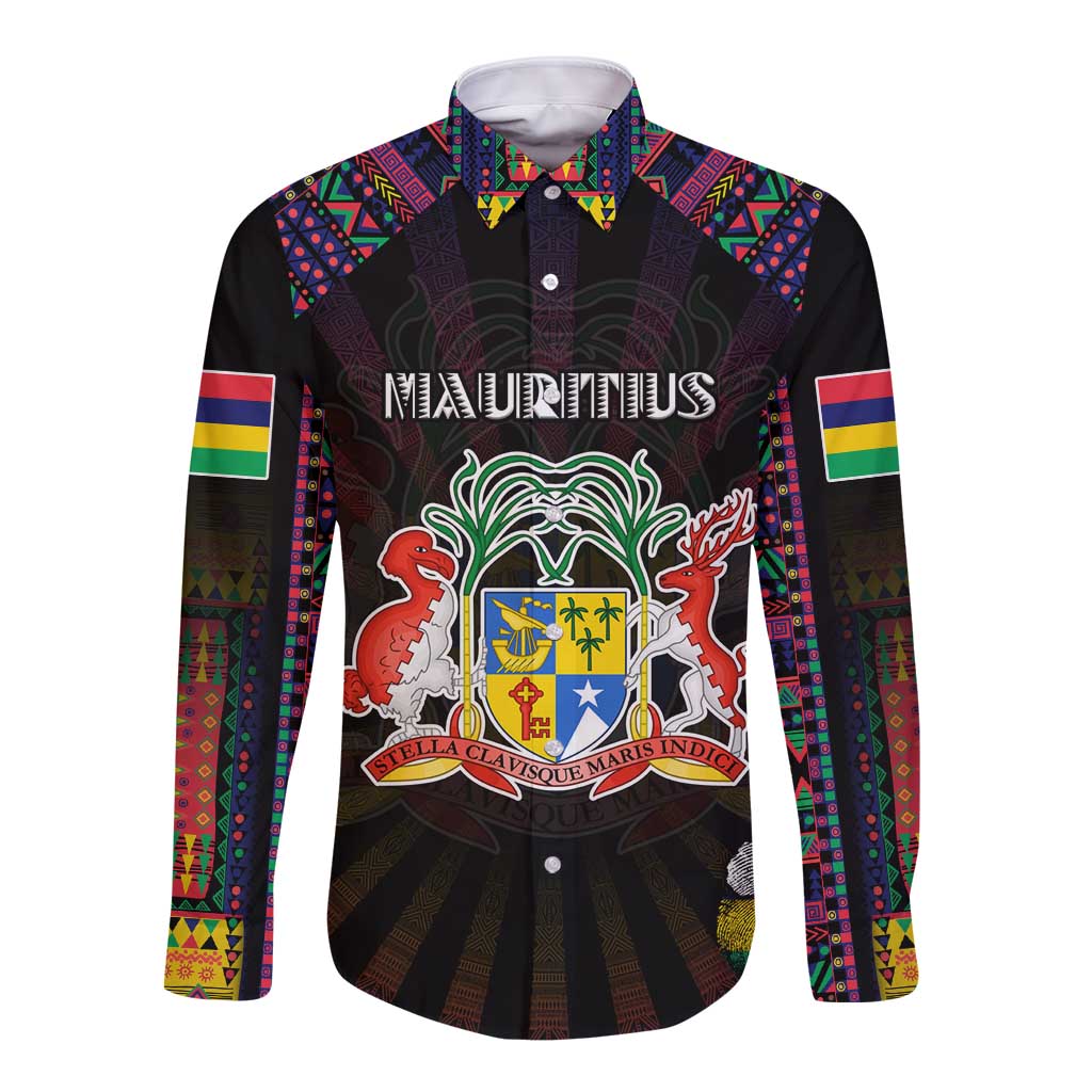 Personalized Mauritius Roots Long Sleeve Button Shirt African Map in Fingerprint and Tribal Colors