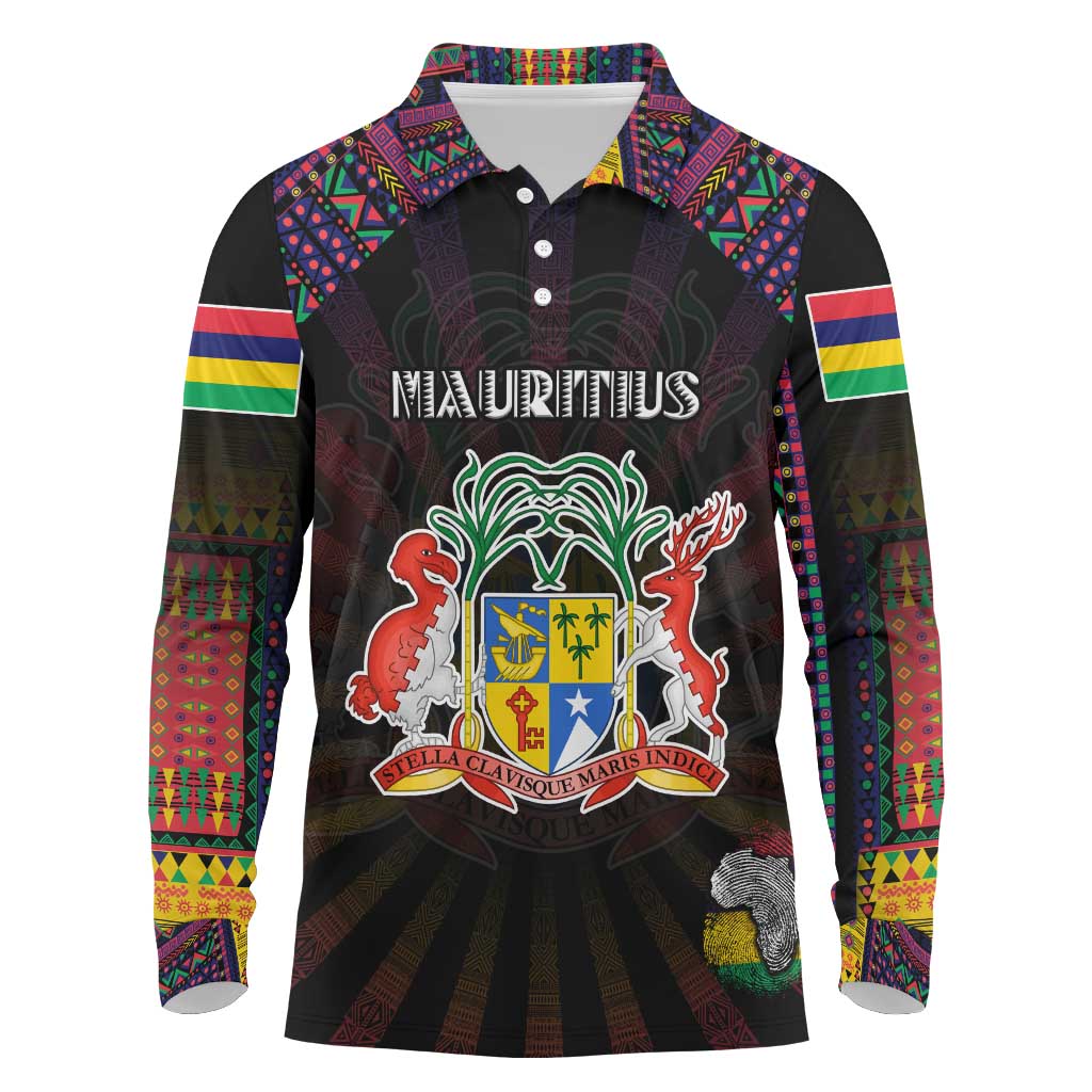 Personalized Mauritius Roots Long Sleeve Polo Shirt African Map in Fingerprint and Tribal Colors