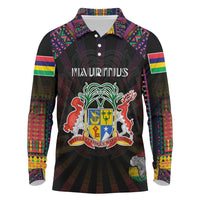 Personalized Mauritius Roots Long Sleeve Polo Shirt African Map in Fingerprint and Tribal Colors