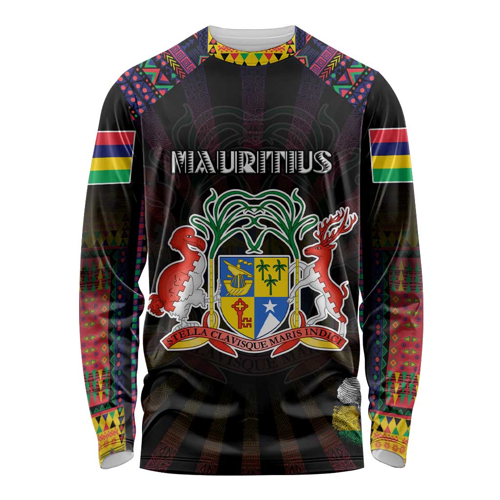 Personalized Mauritius Roots Long Sleeve Shirt African Map in Fingerprint and Tribal Colors