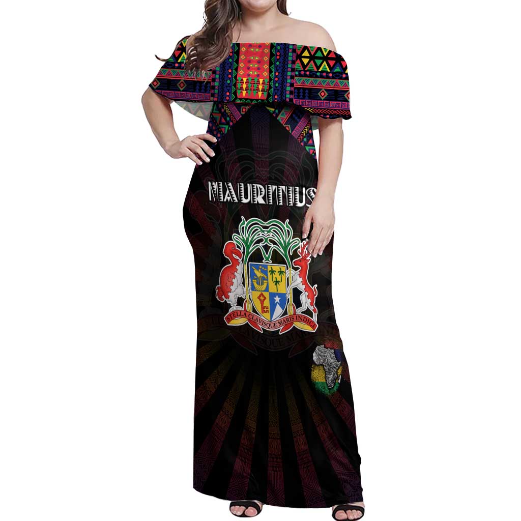 Personalized Mauritius Roots Off Shoulder Maxi Dress African Map in Fingerprint and Tribal Colors