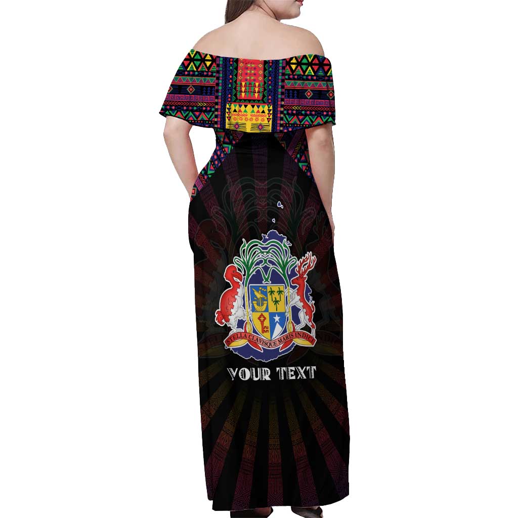 Personalized Mauritius Roots Off Shoulder Maxi Dress African Map in Fingerprint and Tribal Colors