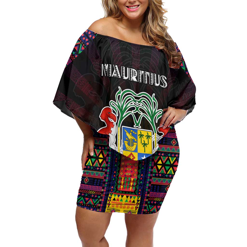 Personalized Mauritius Roots Off Shoulder Short Dress African Map in Fingerprint and Tribal Colors