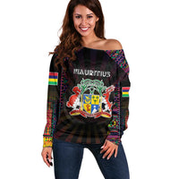 Personalized Mauritius Roots Off Shoulder Sweater African Map in Fingerprint and Tribal Colors