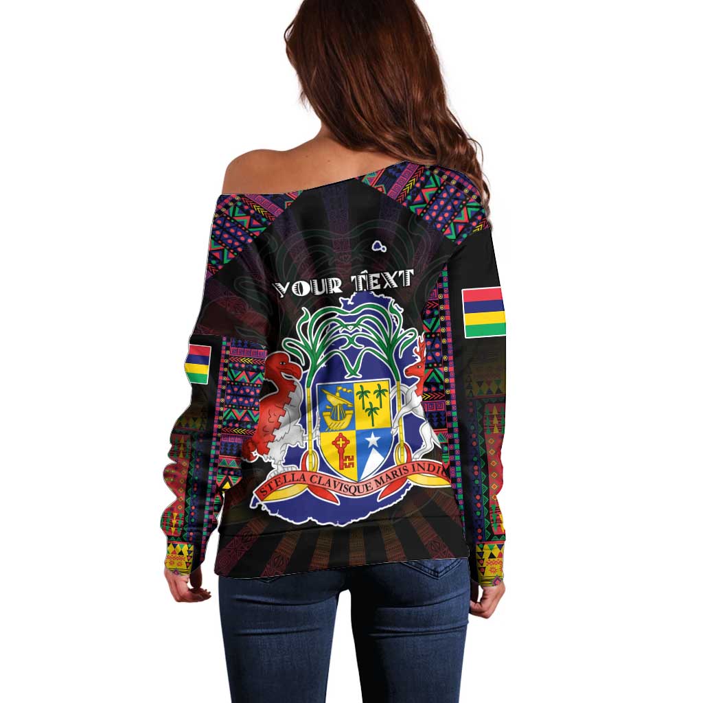 Personalized Mauritius Roots Off Shoulder Sweater African Map in Fingerprint and Tribal Colors