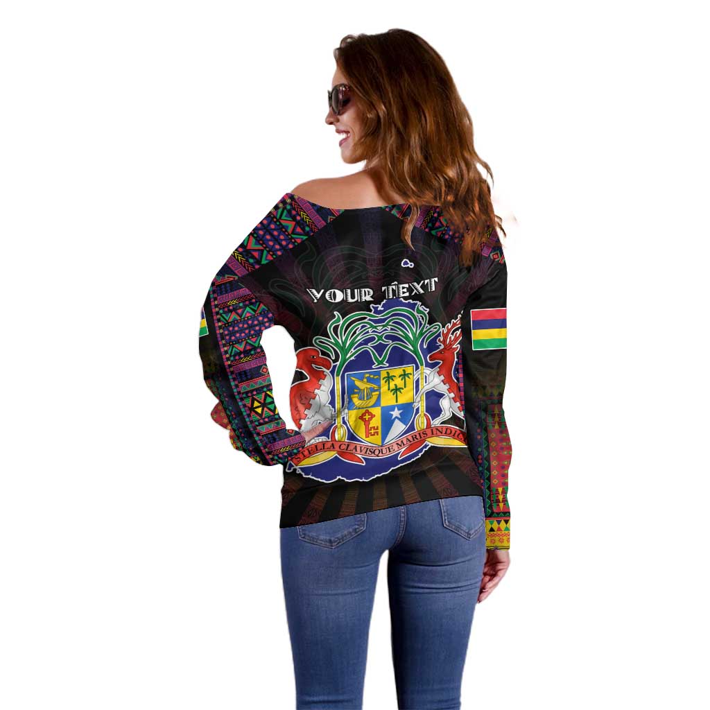 Personalized Mauritius Roots Off Shoulder Sweater African Map in Fingerprint and Tribal Colors