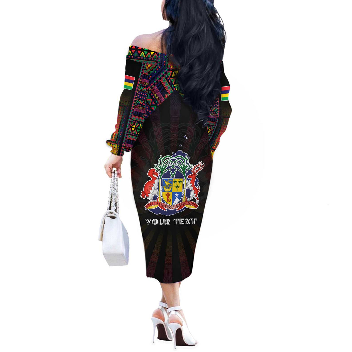 Personalized Mauritius Roots Off The Shoulder Long Sleeve Dress African Map in Fingerprint and Tribal Colors