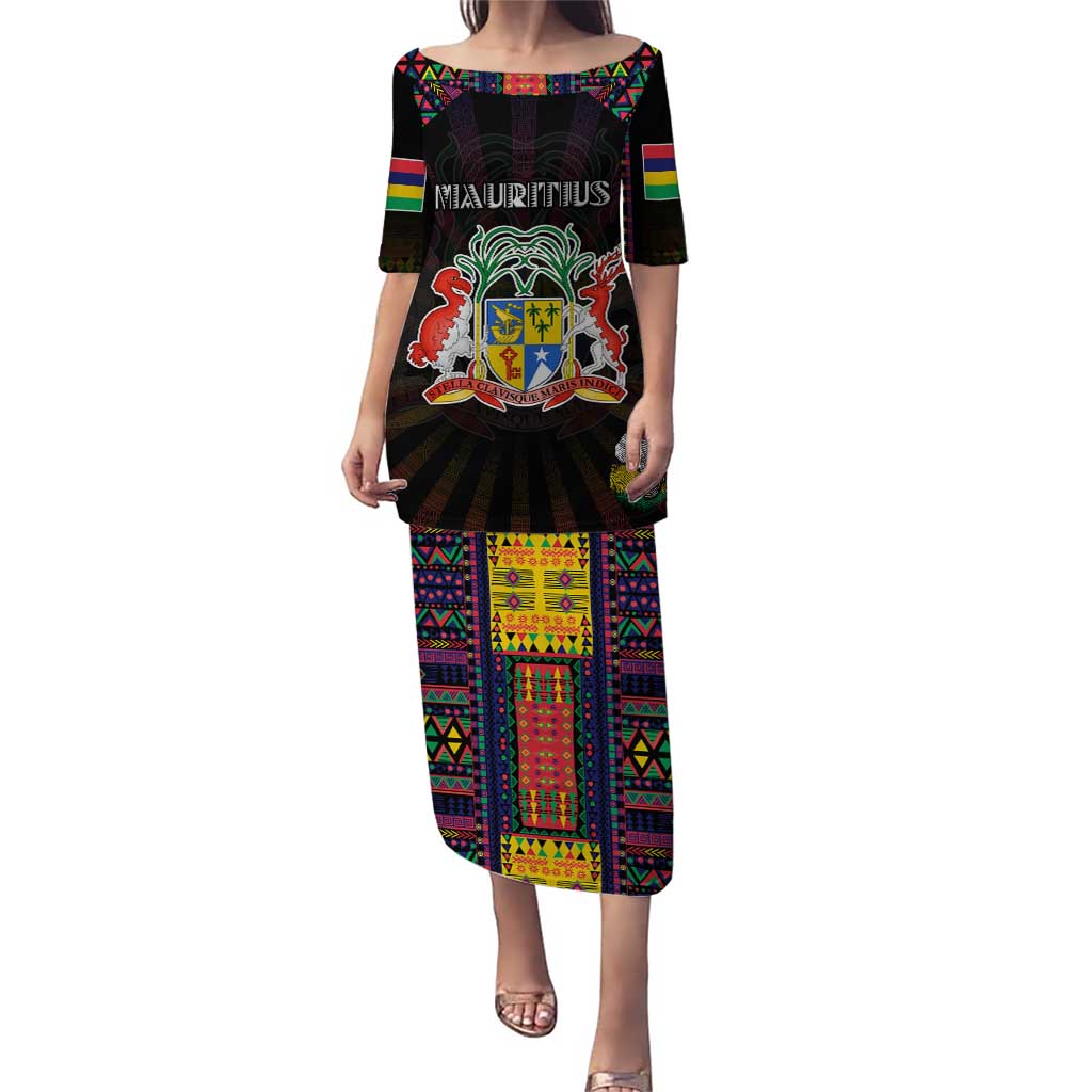 Personalized Mauritius Roots Puletasi African Map in Fingerprint and Tribal Colors