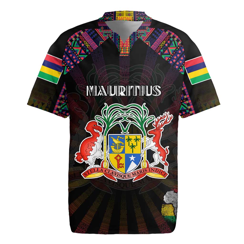 Personalized Mauritius Roots Rugby Jersey African Map in Fingerprint and Tribal Colors