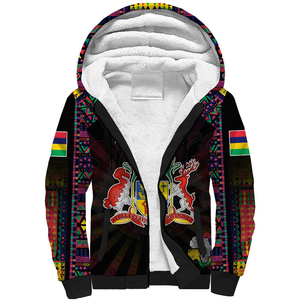 Personalized Mauritius Roots Sherpa Hoodie African Map in Fingerprint and Tribal Colors