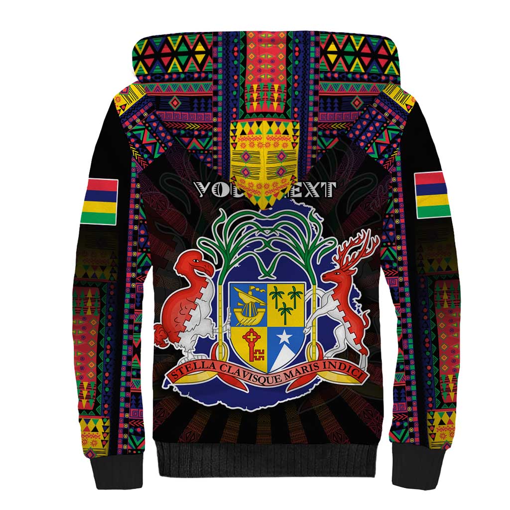 Personalized Mauritius Roots Sherpa Hoodie African Map in Fingerprint and Tribal Colors