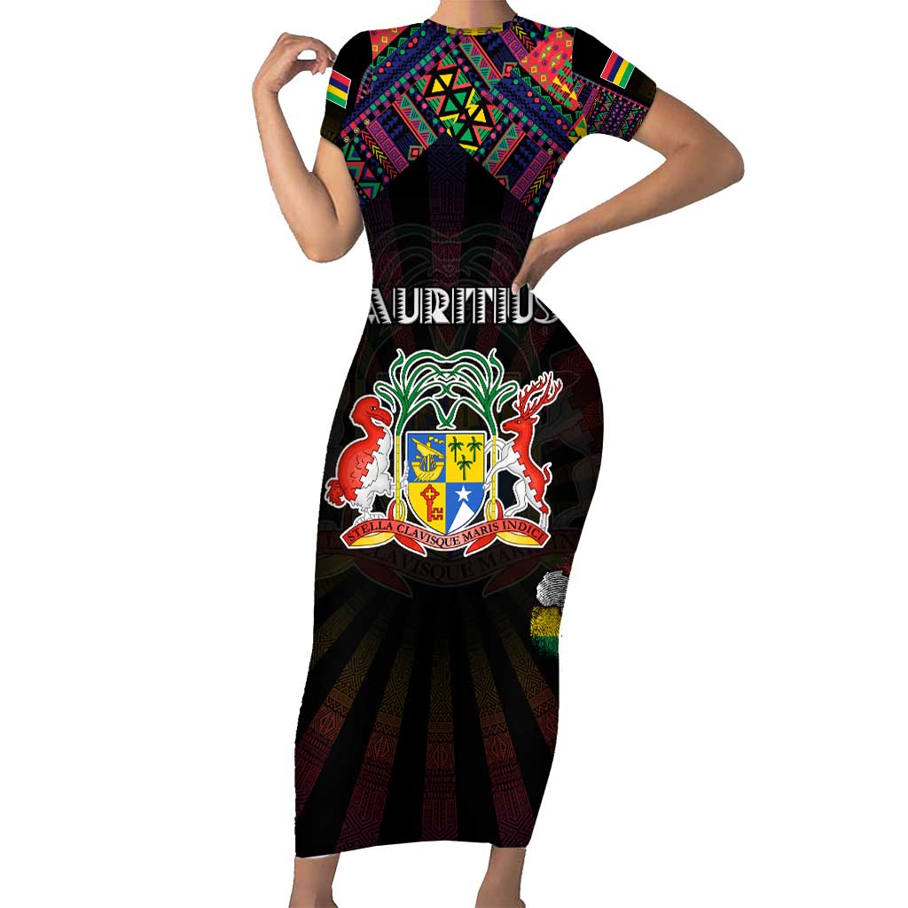 Personalized Mauritius Roots Short Sleeve Bodycon Dress African Map in Fingerprint and Tribal Colors