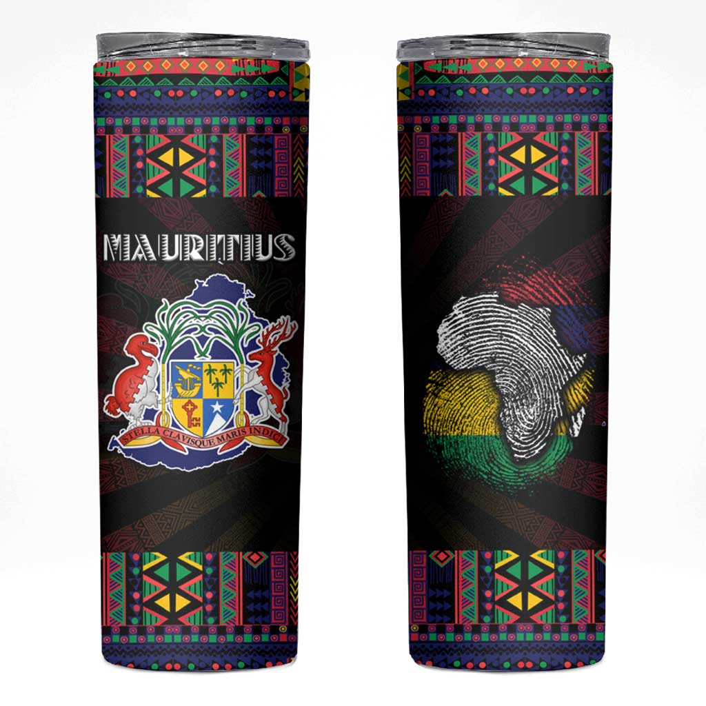 Mauritius Roots Skinny Tumbler African Map in Fingerprint and Tribal Colors