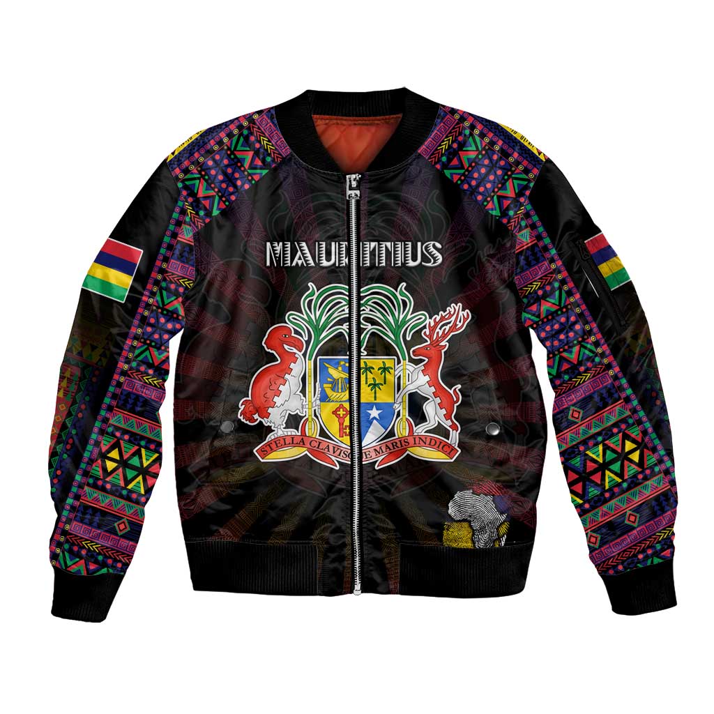 Personalized Mauritius Roots Sleeve Zip Bomber Jacket African Map in Fingerprint and Tribal Colors