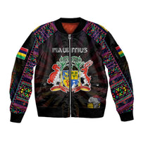 Personalized Mauritius Roots Sleeve Zip Bomber Jacket African Map in Fingerprint and Tribal Colors