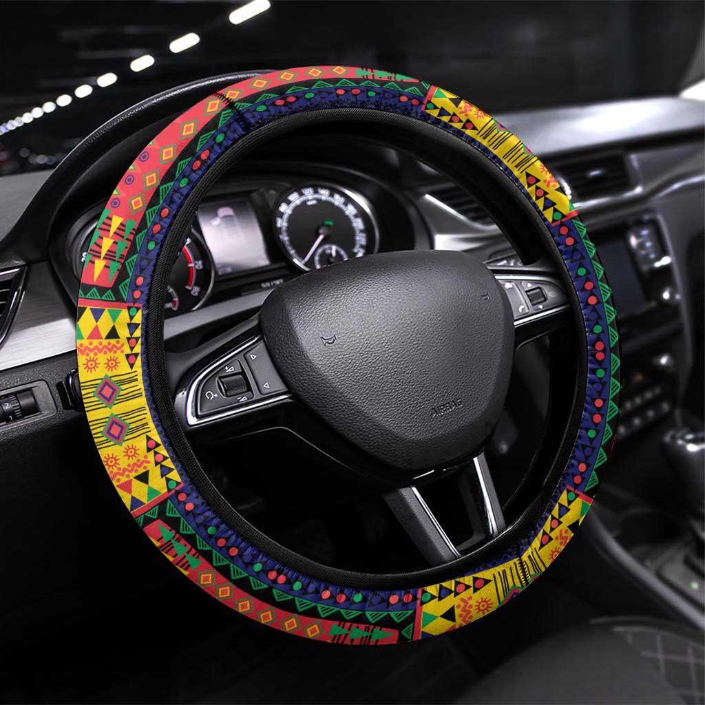 Mauritius Roots Steering Wheel Cover African Map in Fingerprint and Tribal Colors
