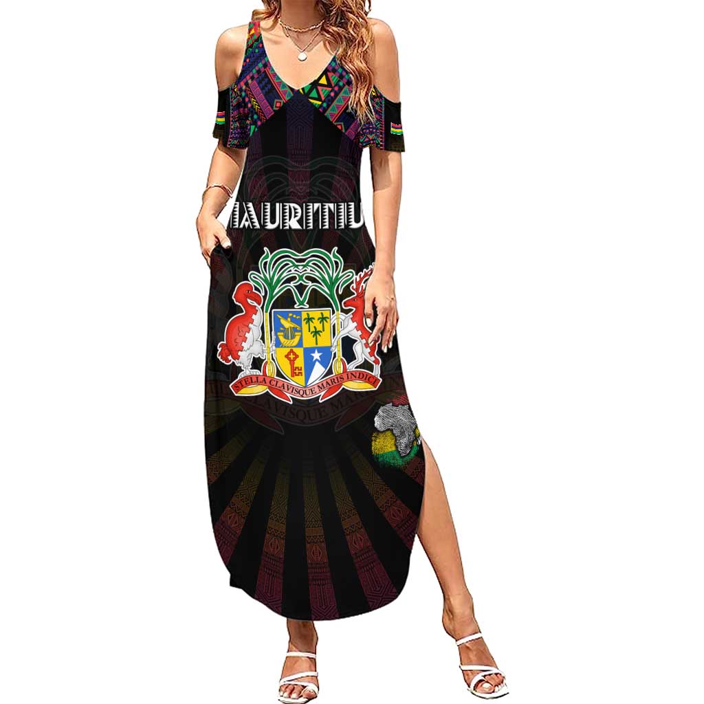 Personalized Mauritius Roots Summer Maxi Dress African Map in Fingerprint and Tribal Colors