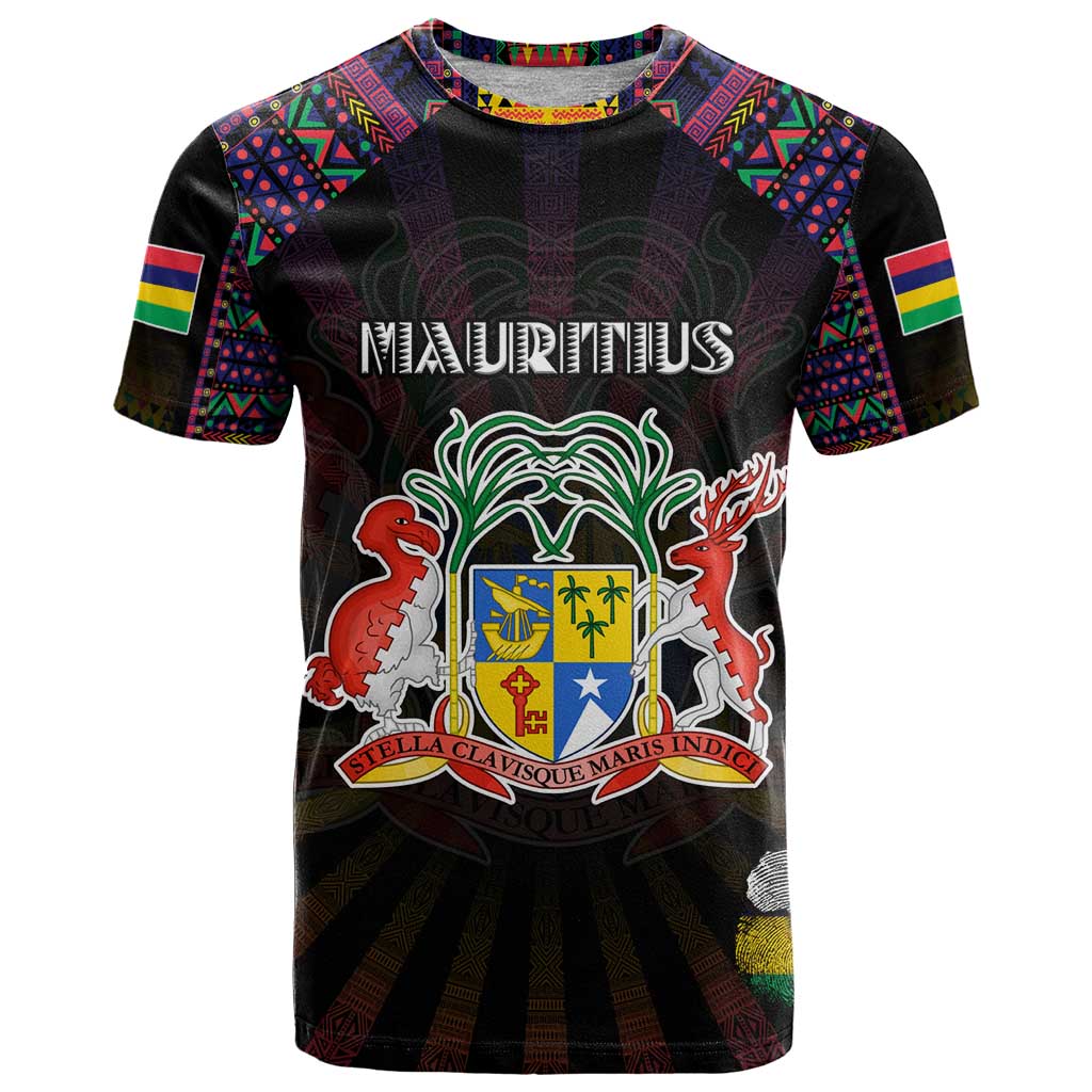Personalized Mauritius Roots T Shirt African Map in Fingerprint and Tribal Colors