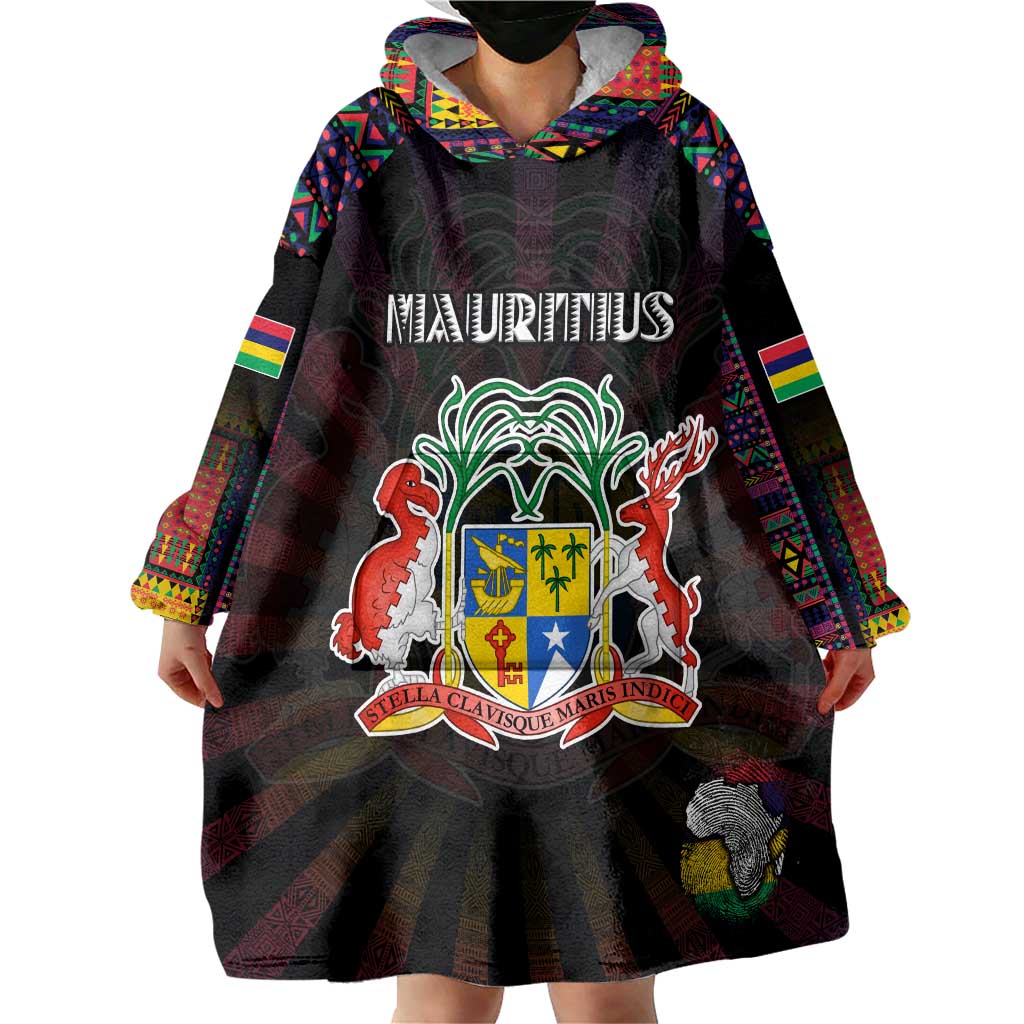 Personalized Mauritius Roots Wearable Blanket Hoodie African Map in Fingerprint and Tribal Colors