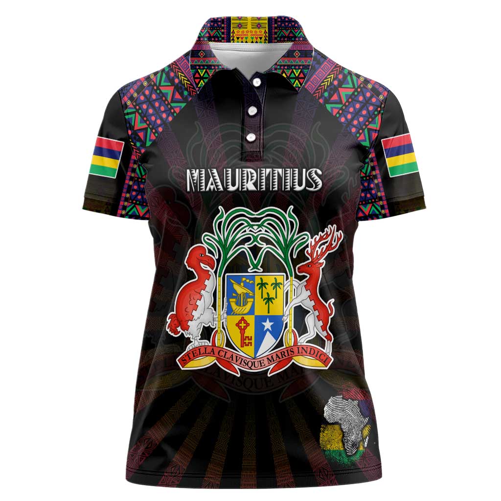 Personalized Mauritius Roots Women Polo Shirt African Map in Fingerprint and Tribal Colors