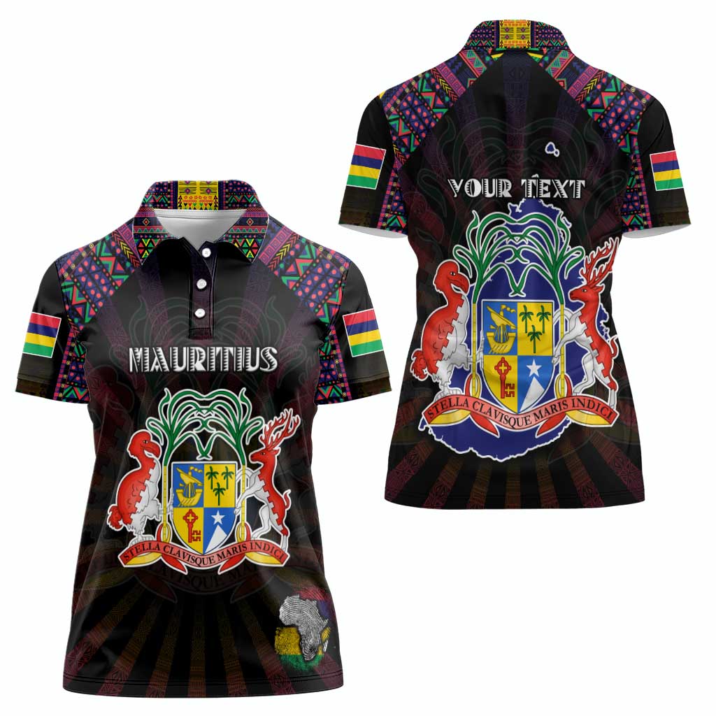 Personalized Mauritius Roots Women Polo Shirt African Map in Fingerprint and Tribal Colors