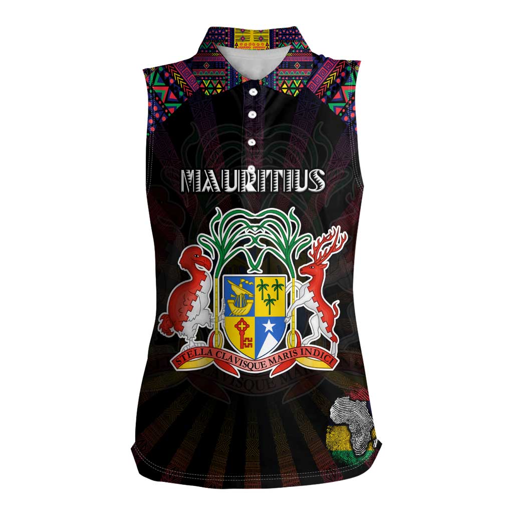 Personalized Mauritius Roots Women Sleeveless Polo Shirt African Map in Fingerprint and Tribal Colors