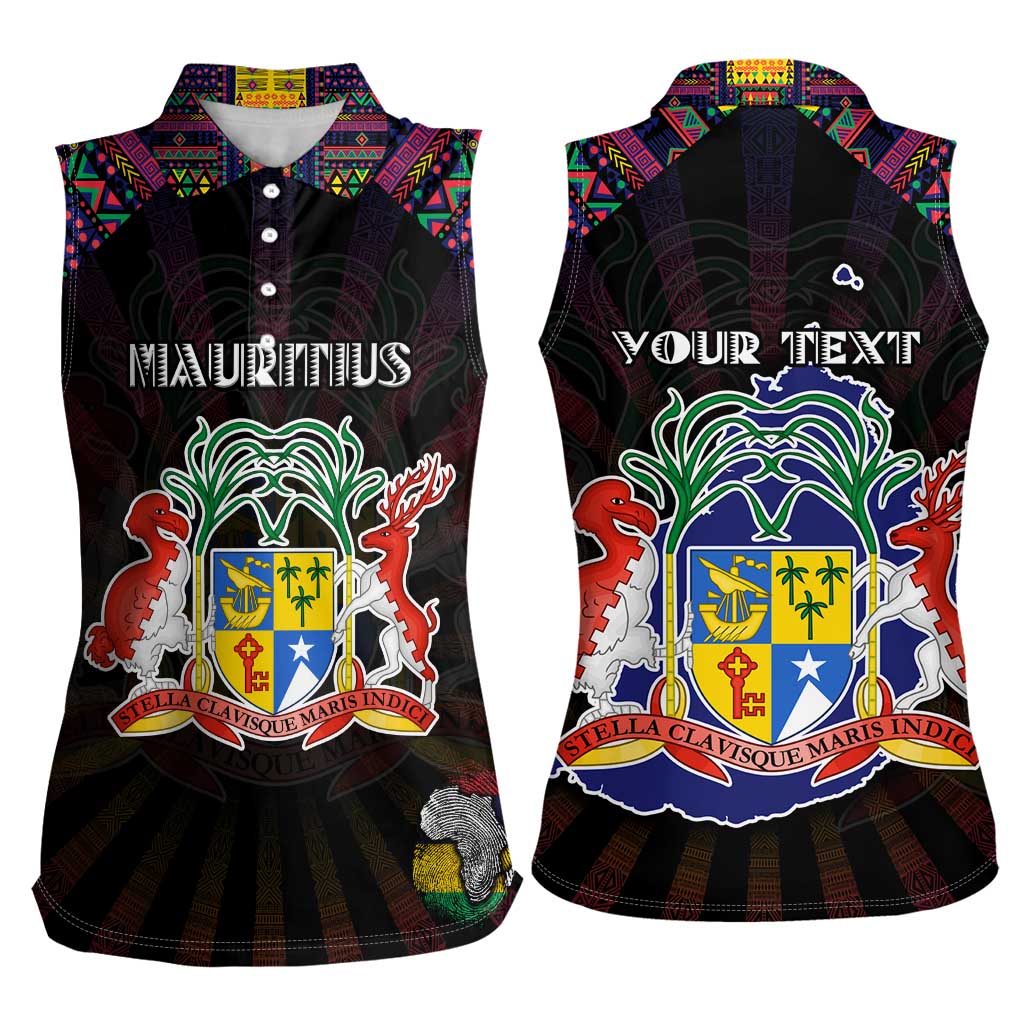 Personalized Mauritius Roots Women Sleeveless Polo Shirt African Map in Fingerprint and Tribal Colors