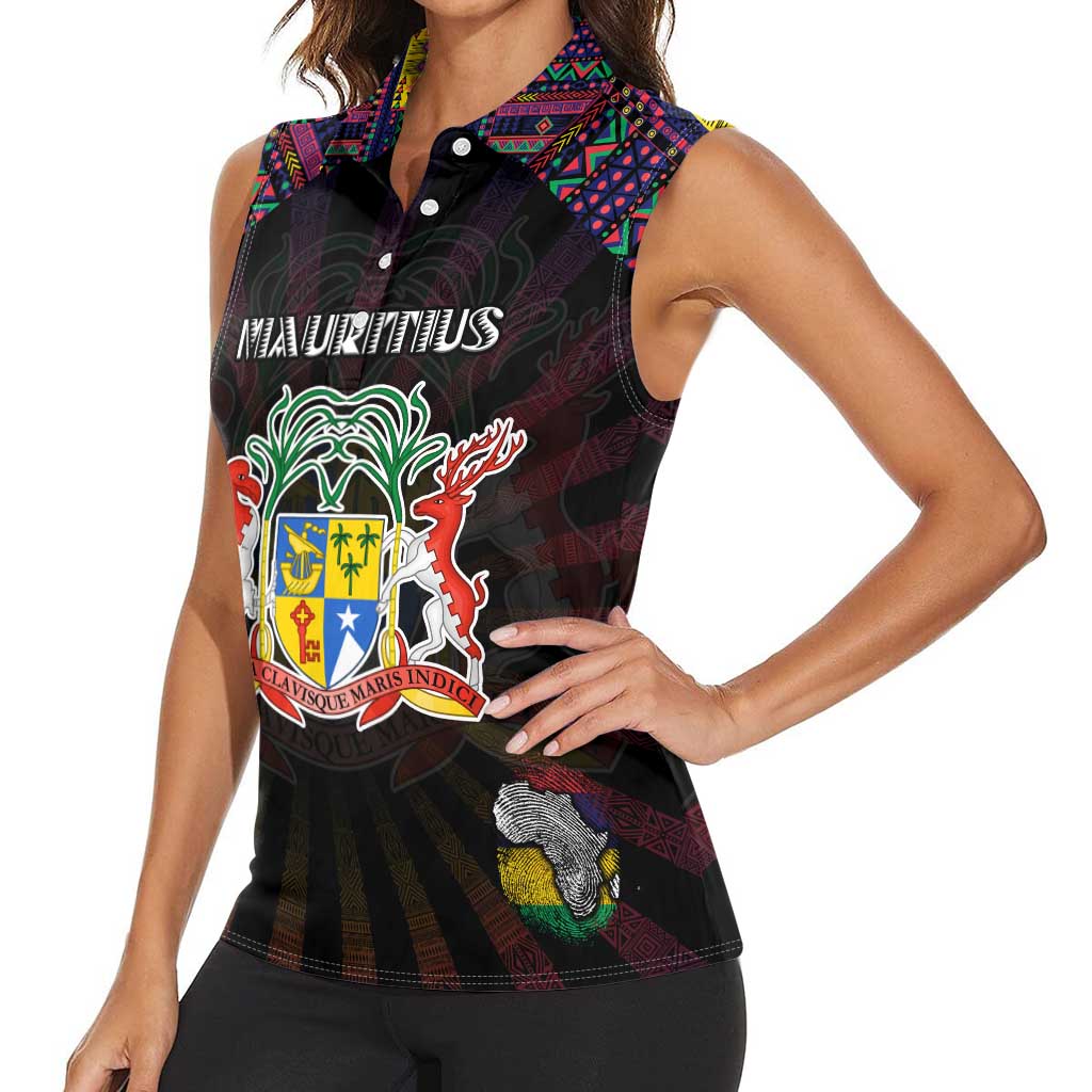 Personalized Mauritius Roots Women Sleeveless Polo Shirt African Map in Fingerprint and Tribal Colors
