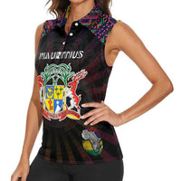 Personalized Mauritius Roots Women Sleeveless Polo Shirt African Map in Fingerprint and Tribal Colors