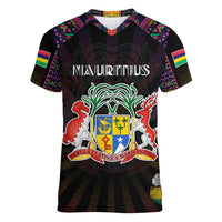 Personalized Mauritius Roots Women V-Neck T-Shirt African Map in Fingerprint and Tribal Colors