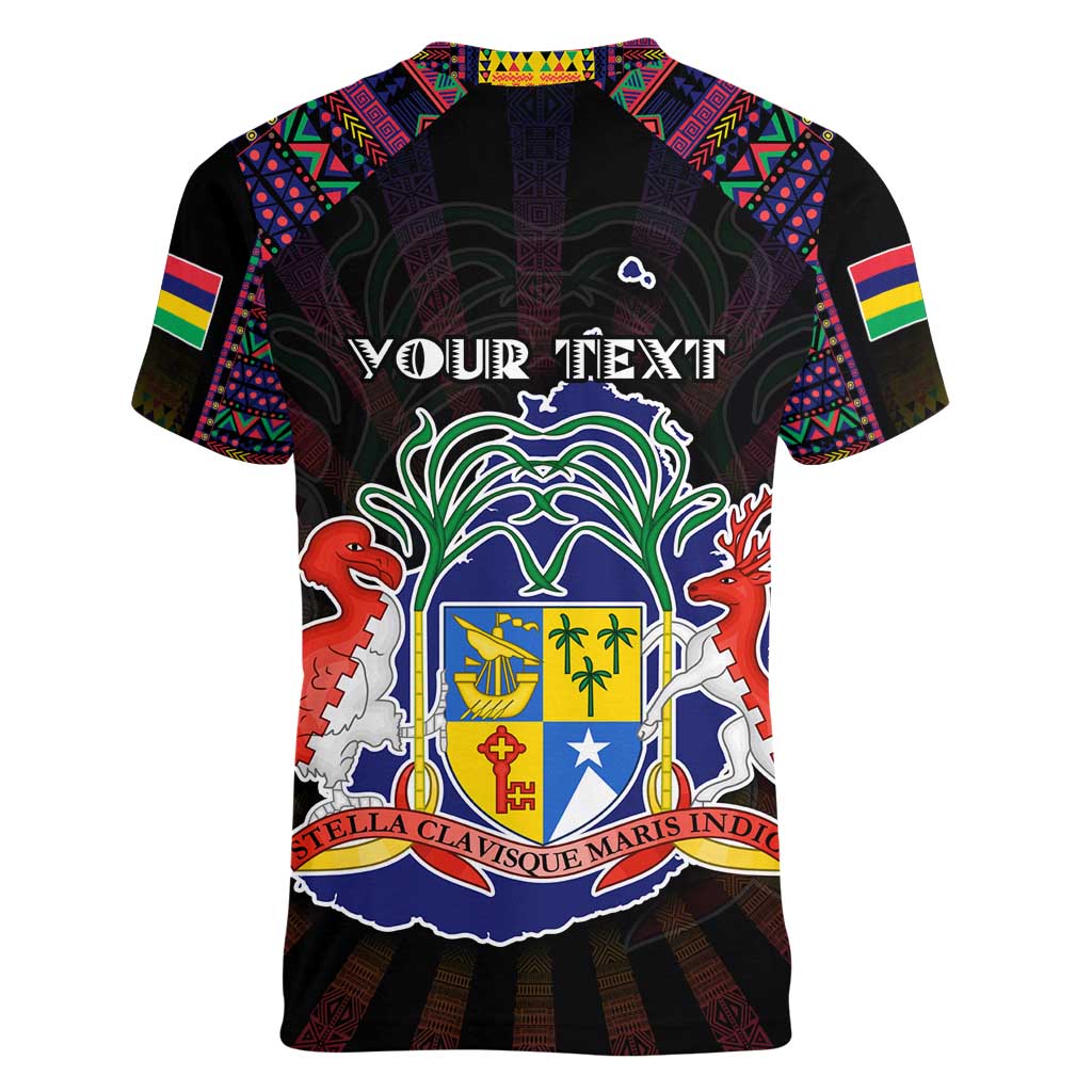 Personalized Mauritius Roots Women V-Neck T-Shirt African Map in Fingerprint and Tribal Colors