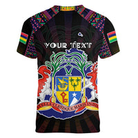 Personalized Mauritius Roots Women V-Neck T-Shirt African Map in Fingerprint and Tribal Colors