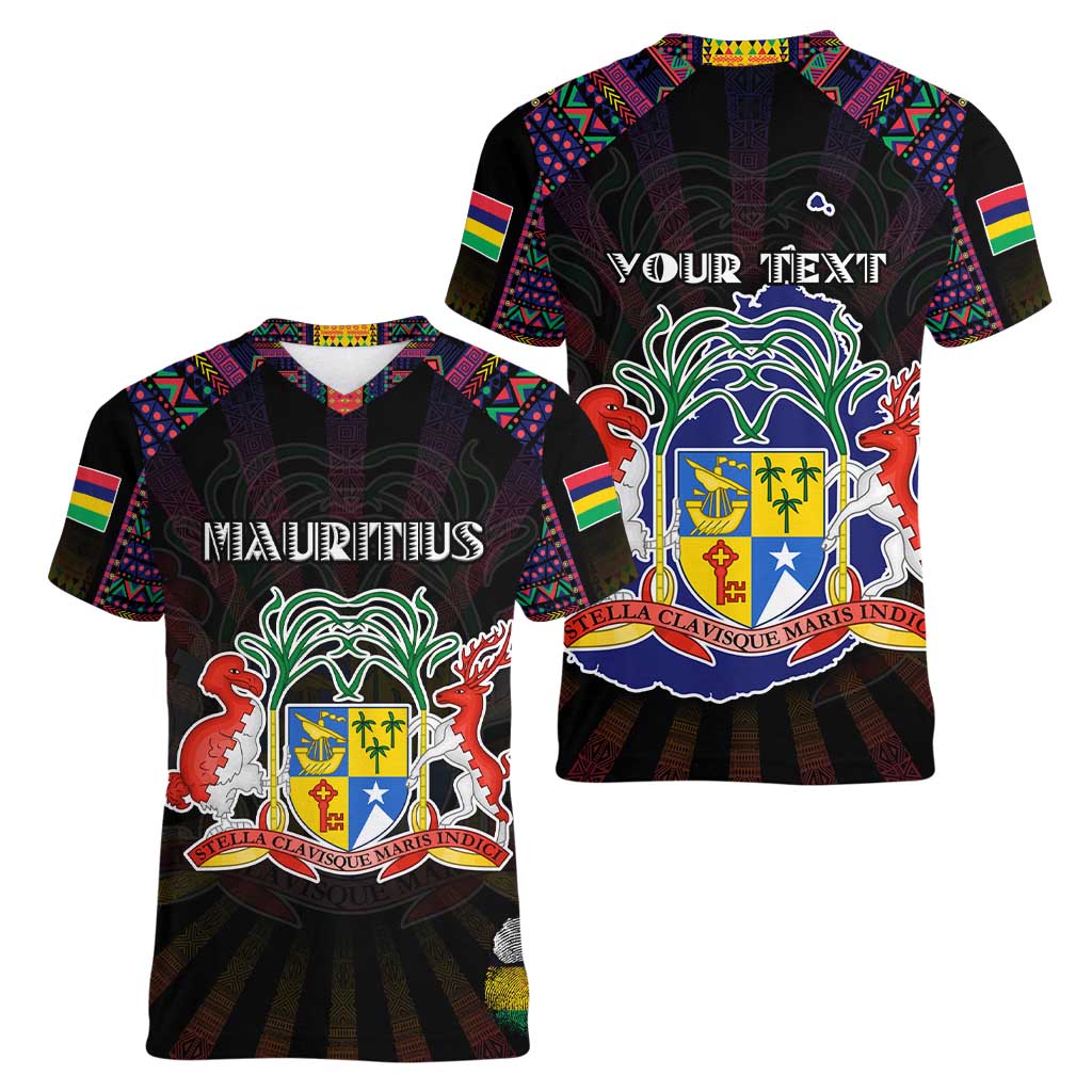 Personalized Mauritius Roots Women V-Neck T-Shirt African Map in Fingerprint and Tribal Colors